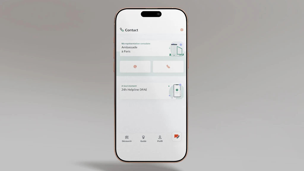 L’image montre un écran de smartphone affichant l’application SwissInTouch ouverte à la page des contacts dans la représentation.